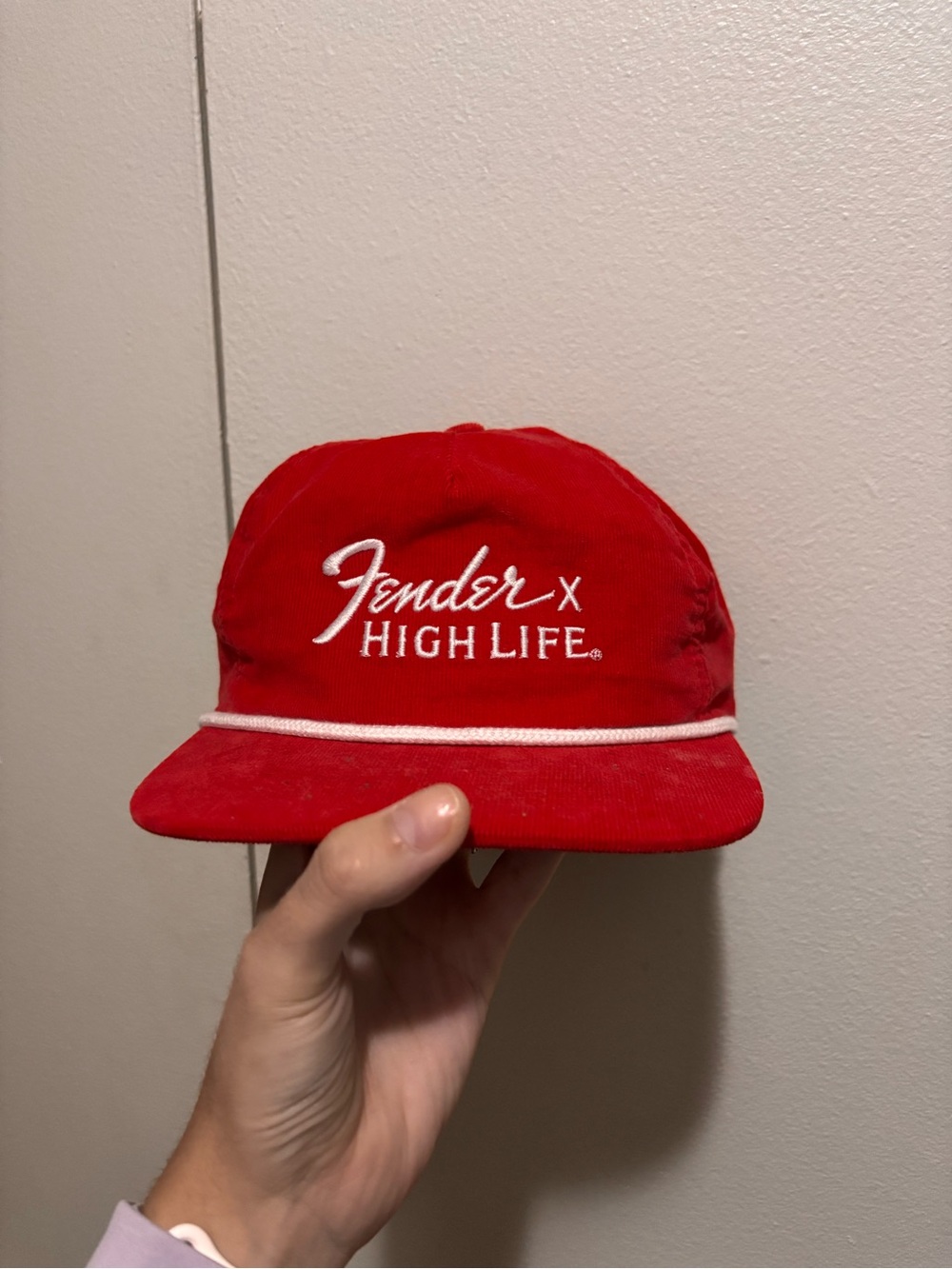NWOT Red with White Trim Corduroy Fender x High Life SnapBack Hat